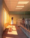  1girl black_hair cat evening from_side highres indoors laundromat long_sleeves looking_at_animal medium_hair profile red_footwear sam_yang shadow shirt shoes sleeves_past_wrists solo standing sunlight sunset white_shirt window 