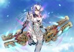  1girl android armor bare_shoulders blue_hair breasts commentary elbow_gloves expressionless fadingz forehead_protector gloves kos-mos kos-mos_re: large_breasts leotard long_hair looking_at_viewer red_eyes solo thigh-highs very_long_hair weapon white_leotard xenoblade_chronicles_(series) xenoblade_chronicles_2 xenosaga 