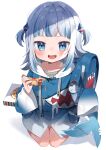  1girl :d backpack bag bangs bloop_(gawr_gura) blue_eyes blue_hair blue_hoodie blush food gawr_gura hair_ornament highres holding holding_food hololive hololive_english hood hoodie long_sleeves looking_at_viewer multicolored_hair noi_mine pizza pizza_slice shadow shark_hair_ornament sharp_teeth silver_hair simple_background smile solo streaked_hair teeth two-tone_hair two_side_up upper_teeth virtual_youtuber white_background 