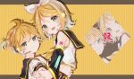  1boy 1girl absurdres blonde_hair blush bow brother_and_sister detached_sleeves green_eyes hair_bow headset highres holding_hands interlocked_fingers kagamine_len kagamine_rin llatteowo open_mouth sailor_collar siblings smile striped striped_background tattoo twins vocaloid 