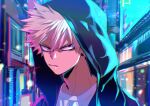  1boy bakugou_katsuki blonde_hair boku_no_hero_academia hood hood_up lens_flare male_focus mkm_(mkm_storage) neon_palette outdoors red_eyes scowl shirt signature solo spiky_hair urban white_shirt 