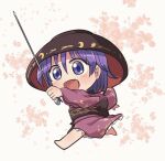  1girl barefoot black_headwear blue_eyes blue_hair blush bowl bowl_hat eyebrows_visible_through_hair full_body hair_between_eyes hat holding holding_weapon japanese_clothes kimono long_sleeves needle needle_sword obi open_mouth pink_kimono rokugou_daisuke sash short_hair signature smile solo sukuna_shinmyoumaru touhou weapon wide_sleeves 