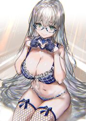  1girl braid breasts choker eyebrows_visible_through_hair fishnets frills from_above glasses gloves green_eyes hair_between_eyes heart heart_hands highres large_breasts long_hair looking_up navel original pale_skin ran&#039;ou_(tamago_no_kimi) semi-rimless_eyewear silver_hair sitting smile solo thigh-highs 