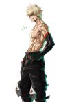  1boy abs bakugou_katsuki black_legwear blonde_hair boku_no_hero_academia collarbone gloves green_belt green_gloves hand_on_hip highres knee_pads looking_at_viewer male_focus mkm_(mkm_storage) pectorals red_eyes signature simple_background smirk solo spiky_hair toned toned_male topless_male white_background 