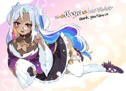  1girl axia_(03400441) blush commission dark-skinned_female dark_skin dress hair_ornament high_heels highres indie_virtual_youtuber jayu_hime looking_at_viewer monocle multicolored_hair rainbow_hair skeb_commission solo star_(symbol) star_hair_ornament thigh-highs virtual_youtuber white_hair 