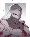  1other ambiguous_gender armor blood blood_on_face blood_splatter bloody_wolf_(elden_ring) breastplate chainmail elden_ring full_armor helmet highres solo tarnished_(elden_ring) white_hair yanobrk 