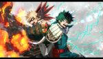  2boys bakugou_katsuki blonde_hair boku_no_hero_academia clenched_hand electricity explosion fire freckles gloves green_eyes green_gloves green_hair highres lens_flare male_focus mask mask_removed masked midoriya_izuku mkm_(mkm_storage) multiple_boys open_mouth red_eyes shouting signature spiky_hair teeth white_gloves 