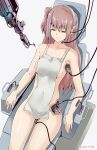 1girl absurdres apron breasts brown_hair closed_eyes damaged expressionless girls_frontline highres long_hair mechanical_arms mechanical_parts medium_breasts rasen_manga single_mechanical_arm solo st_ar-15_(girls&#039;_frontline) thighs twitter_username white_apron white_background wire 