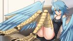  1girl ahoge artist_request bangs bare_shoulders bird_legs black_dress blue_hair blue_wings breasts couch dress eyebrows_behind_hair feathered_wings feathers game_cg hair_between_eyes harpy medium_hair monster_girl monster_musume_no_iru_nichijou monster_musume_no_iru_nichijou_online official_alternate_costume official_art papi_(monster_musume) sidelocks sitting small_breasts solo talons thigh-highs winged_arms wings yellow_eyes zettai_ryouiki 