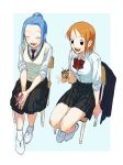  2girls 4myaku1 :d ^_^ ^o^ blue_hair chair closed_eyes from_above highres long_hair milk_carton multiple_girls nami_(one_piece) nefertari_vivi one_piece orange_hair ribbon school_uniform short_hair simple_background sitting smile sweater_vest 