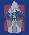  1girl blue_border blue_hair blue_skin border cape closed_mouth colored_skin dress elden_ring extra_arms extra_faces full_body fur_cape grey_headwear hat iccoco long_hair looking_at_viewer ranni_the_witch solo standing witch_hat 