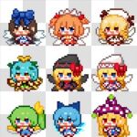  6+girls american_flag_dress american_flag_legwear antennae aqua_hair black_capelet black_dress black_headwear blonde_hair blue_bow blue_dress blue_eyes blue_hair blush_stickers bow brown_eyes brown_hair butterfly_wings capelet chinese_commentary cirno closed_mouth clownpiece daiyousei dress dual_persona eternity_larva fairy fairy_wings green_dress green_hair hair_between_eyes hair_bow hat headdress ice ice_wings jester_cap leaf leaf_on_head lily_black lily_white long_hair long_sleeves lowres luna_child multicolored_clothes multicolored_dress multiple_girls open_mouth orange_eyes orange_hair pantyhose pixel_art polka_dot polka_dot_headwear purple_headwear red_dress red_eyes short_hair short_sleeves side_ponytail smile star_sapphire striped striped_dress striped_legwear sunny_milk touhou two_side_up white_capelet white_dress white_headwear wings youzikk 