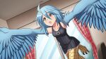  1girl ahoge artist_request bangs bare_shoulders bird_legs black_dress blue_hair blue_wings blush breasts curtains dress eyebrows_visible_through_hair feathered_wings feathers game_cg hair_between_eyes harpy indoors medium_hair monster_girl monster_musume_no_iru_nichijou monster_musume_no_iru_nichijou_online official_alternate_costume official_art open_mouth papi_(monster_musume) sidelocks small_breasts solo talons thigh-highs window winged_arms wings yellow_eyes zettai_ryouiki 