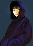  1girl absurdres bangs black_hair blue_background from_side hair_strand hands_in_pockets highres hood hood_up hoodie junjunforever looking_at_viewer medium_hair multicolored_eyes original smile solo upper_body 