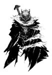  1boy absurdres armor blaidd_the_half-wolf breastplate cloak elden_ring furry furry_male greyscale highres kuretadesu male_focus monochrome simple_background solo standing sword weapon weapon_on_back white_background 