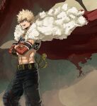  1boy abs bakugou_katsuki bead_necklace beads belt black_legwear blonde_hair boku_no_hero_academia capelet earrings fur_capelet grin jewelry male_focus mkm_(mkm_storage) multiple_necklaces necklace profile red_eyes signature smile solo spiky_hair sword teeth toned toned_male weapon 
