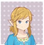  1boy aqua_eyes blonde_hair blue_eyes blue_shirt chocomiru closed_mouth earrings eyebrows jewelry link lowres nose pointy_ears polka_dot polka_dot_background shirt short_hair smile solo the_legend_of_zelda the_legend_of_zelda:_breath_of_the_wild upper_body 