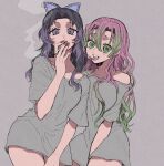  2girls black_hair cigarette green_eyes green_hair highres kanroji_mitsuri kimetsu_no_yaiba kochou_shinobu mm25 mole mole_under_eye multicolored_hair multiple_girls piercing pink_hair purple_hair red_nails simple_background smoking tongue tongue_out violet_eyes 