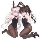  2girls absurdres animal_ears black_hair black_legwear black_leotard bow bowtie breasts commentary covered_navel detached_collar full_body highres holding_hands laaaan leotard long_hair multiple_girls original pantyhose playboy_bunny pointy_ears ponytail rabbit_ears rabbit_tail red_bow red_bowtie redhead silver_hair simple_background small_breasts strapless strapless_leotard symbol-only_commentary tail thighband_pantyhose v white_background wrist_cuffs 