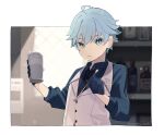  1boy blue_eyes blue_hair business_suit buttons chongyun_(genshin_impact) closed_mouth commentary_request cup formal genshin_impact hair_between_eyes highres holding indoors long_sleeves looking_at_viewer male_focus necktie shimanakao_(shimanaka_sushi) suit 