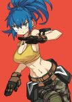  1girl armlet belt blue_hair breasts camouflage camouflage_pants clenched_hand closed_mouth dog_tags earrings green_eyes highres jewelry large_breasts leona_heidern midriff mizuno_(okn66) navel no_bra pants ponytail pouch simple_background solo tank_top the_king_of_fighters the_king_of_fighters_xiv the_king_of_fighters_xv triangle_earrings 
