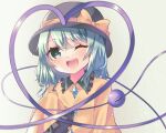  1girl ;d bare_shoulders black_headwear bloom blush bow gradient gradient_background green_eyes green_hair grey_background happy hat hat_bow hayu_(hayu_e) heart heart_of_string highres komeiji_koishi looking_at_viewer one_eye_closed open_mouth shirt simple_background smile solo third_eye touhou upper_body yellow_bow 