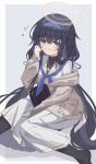  1girl bangs black_hair black_legwear blue_archive book full_body glasses hair_ornament hairband hand_up highres long_hair looking_at_viewer low_twintails sailor_collar school_uniform serika shy simple_background sitting solo twintails ui_(blue_archive) 