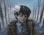  1boy black_hair chainsaw_man coat collared_shirt hayakawa_aki_(chainsaw_man) highres jacket long_sleeves necktie open_mouth outdoors shirt short_hair snow snowball snowball_fight solo taorotana white_shirt winter_clothes winter_coat 