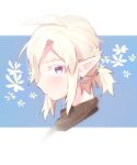  1boy bangs blonde_hair blue_background blue_eyes cropped_head earrings flower highres jewelry link looking_at_viewer pointy_ears ponytail profile short_hair solo the_legend_of_zelda the_legend_of_zelda:_breath_of_the_wild ttanuu. white_background 