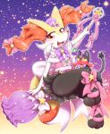  1girl animal_ear_fluff animal_ears animal_feet animal_nose ankle_ribbon arm_up artist_name bell black_fur blush body_fur bow bowtie braixen broom broom_riding cat clothed_pokemon colored_sclera commentary_request dress fangs flat_chest fox_ears fox_girl fox_tail frilled_dress frills fur_collar furry furry_female gradient gradient_background hair_bow half-closed_eyes happy hat hat_bow holding holding_wand jingle_bell litten looking_at_viewer magical_girl mini_hat mini_top_hat neck_bell negoya off-shoulder_dress off_shoulder open_mouth outline outstretched_arm pink_bow pink_dress pink_ribbon pokemon pokemon_(creature) purple_bow purple_bowtie purple_headwear red_eyes ribbon short_dress sidesaddle signature smile snout solo_focus sparkle star_(symbol) tail teeth thighs top_hat wand white_fur white_outline yellow_fur yellow_sclera 