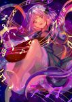  1girl barefoot biwa_lute dress flower hair_flower hair_ornament hairband highres instrument kotonoman long_hair long_sleeves looking_at_viewer lute_(instrument) musical_note open_mouth purple_hair shirt skirt smile solo touhou tsukumo_benben twintails violet_eyes 