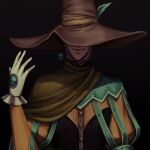 1boy black_background brown_cape brown_headwear cape closed_mouth covered_eyes elden_ring gloves hand_up hat highres male_focus simple_background smile solo sorcerer_rogier white_gloves witch_hat zorozombi 
