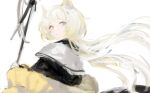  1girl animal_ears arknights blonde_hair blue_eyes capelet cat_ears closed_mouth from_behind heterochromia highres holding holding_staff koba_(jdhikdjdkfiwufh) long_hair looking_at_viewer looking_back nightmare_(arknights) off_shoulder simple_background sketch solo staff upper_body very_long_hair white_background white_capelet yellow_eyes 