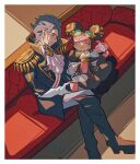 1boy ace_attorney ascot barok_van_zieks black_gloves couch gloves goggles goggles_on_head grey_hair grgrton highres holding iris_wilson pink_hair scar scar_on_face sitting smile tea the_great_ace_attorney white_ascot white_gloves 