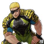  animal_print blonde_hair blue_eyes eyepatch facial_hair goatee highres jamrolypoly large_pectorals male_focus muscular muscular_male pants pectorals ramon_(kof) scar scar_across_eye scar_on_face shirt snk solo solo_focus the_king_of_fighters the_king_of_fighters_xiv the_king_of_fighters_xv tiger_print track_pants white_background wristband 
