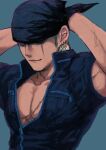  1boy 4myaku1 bandana black_shirt earrings hands_up highres jewelry male_focus one_piece pectoral_cleavage pectorals red_eyes roronoa_zoro scar scar_across_eye scar_on_chest shirt short_sleeves simple_background smirk solo 