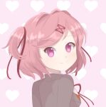  1girl chocomiru doki_doki_literature_club heart heart_background natsuki_(doki_doki_literature_club) pink_eyes pink_hair ribbon school_uniform short_hair solo 