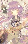  1girl beamed_eighth_notes biwa_lute black_ribbon blush closed_eyes closed_mouth eighth_note eyebrows_visible_through_hair flower hair_flower hair_ornament highres instrument long_hair long_sleeves lute_(instrument) musical_note nikorashi-ka one-hour_drawing_challenge purple_hair quarter_note ribbon sixteenth_note smile solo touhou tsukumo_benben upper_body white_flower 