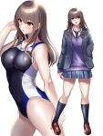  1girl black_legwear black_necktie black_swimsuit blazer breasts brown_eyes brown_hair commentary_request competition_swimsuit cowboy_shot full_body grey_jacket grey_skirt hand_in_pocket highres jacket kneehighs kozu_rokuta loafers long_hair looking_at_viewer medium_breasts multicolored_clothes multicolored_swimsuit multiple_views necktie one-piece_swimsuit original pleated_skirt purple_vest school_uniform shoes simple_background skirt standing striped_necktie sweater_vest swimsuit vest white_background 