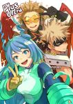  1girl 2boys ahoge anger_vein artist_name bakugou_katsuki bare_shoulders black_gloves blue_eyes blue_hair boku_no_hero_academia breasts brown_coat clenched_teeth coat drill_hair english_commentary english_text eyebrows_visible_through_hair facial_hair feathered_wings forehead fur_trim gloves goatee hadou_nejire hair_between_eyes hand_up hawks_(boku_no_hero_academia) kadeart large_breasts large_wings long_hair looking_at_viewer mask multiple_boys open_mouth red_eyes red_wings short_hair simple_background sparkle spiky_hair stubble teeth thai_commentary toned toned_male twin_drills upper_body upper_teeth white_background wings yellow_eyes yellow_gloves 