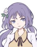  1girl brown_dress dress flower hair_flower hair_ornament highres kame_(kamepan44231) long_hair long_sleeves one-hour_drawing_challenge open_mouth purple_hair simple_background smile solo touhou tsukumo_benben upper_body violet_eyes white_background white_flower 