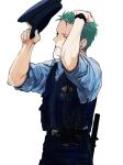  1boy 4myaku1 alternate_universe arms_up green_hair hat hat_removed headwear_removed highres male_focus one_piece police police_hat police_uniform policeman roronoa_zoro solo uniform vest white_background 