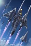  1girl absurdres aircraft airplane armor blue_leotard clouds english_commentary expressionless fighter_jet flying highres jet lens_flare leotard looking_up mecha_musume military military_vehicle original shiny sky solo thrusters zen_(jirakun) 