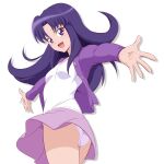  1girl ass fuchi_(nightmare) happinesscharge_precure! highres hikawa_iona jacket long_sleeves looking_at_viewer open_clothes open_jacket open_mouth panties pantyshot precure purple_jacket purple_skirt shirt simple_background skirt smile solo underwear white_background white_panties white_shirt wind wind_lift 