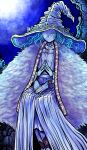  1girl absurdres blue_eyes blue_hair blue_skin cape closed_mouth colored_skin crack cracked_skin dress elden_ring extra_arms fur_coat hat highres jewelry long_hair looking_at_viewer nazo_no_diaboro one_eye_closed own_hands_together ranni_the_witch ring smile solo wavy_hair witch witch_hat 