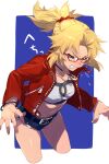  1girl bandeau bangs belt blonde_hair blue_shorts braid breasts clenched_teeth cutoffs denim denim_shorts echo_(circa) fate/apocrypha fate/grand_order fate_(series) french_braid glasses green_eyes jacket jewelry long_hair long_sleeves mordred_(fate) mordred_(fate/apocrypha) mordred_(memories_at_trifas)_(fate) navel necklace one_eye_closed open_clothes open_jacket parted_bangs ponytail red_jacket short_shorts shorts sidelocks small_breasts sneezing solo teeth thighs 