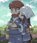  1boy 1girl akari_(pokemon) arc_phone black_hair black_shirt blush bright_pupils brown_bag closed_mouth clouds commentary_request day flower grass grey_eyes grey_jacket grey_pants grey_skirt hat head_scarf holding holding_phone jacket logo long_hair looking_down outdoors pants pantyhose phone pokemon pokemon_(game) pokemon_legends:_arceus ponytail red_headwear red_scarf rei_(pokemon) sayaaaaaa_11 scarf shirt sidelocks skirt sky sweat tree white_headwear white_pupils 