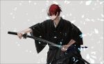  1boy blue_eyes boku_no_hero_academia burn_scar drawing_sword grey_background highres holding holding_sword holding_weapon ice japanese_clothes katana lens_flare male_focus mkm_(mkm_storage) multicolored_hair redhead scar scar_on_face signature solo split-color_hair sword todoroki_shouto two-tone_hair weapon white_hair 