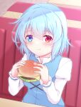  1girl :t bangs blue_eyes blue_hair blue_vest burger closed_mouth cross-laced_clothes eating eyebrows_visible_through_hair food heterochromia holding holding_food indoors juliet_sleeves long_sleeves looking_at_viewer puffy_sleeves red_eyes saisyuusensi shirt short_hair sitting smile solo tatara_kogasa touhou upper_body vest white_shirt 