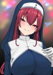  1girl alternate_eye_color blush breasts gloves h2o_(ddks2923) highres hololive houshou_marine large_breasts looking_at_viewer nun red_eyes redhead smile solo twintails veil virtual_youtuber white_gloves 